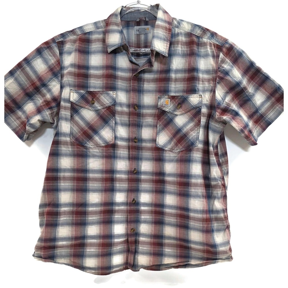 Carhartt Shirt‎ Mens XL Red Blue Plaid Short Sleeve Button Front Workwear Casual